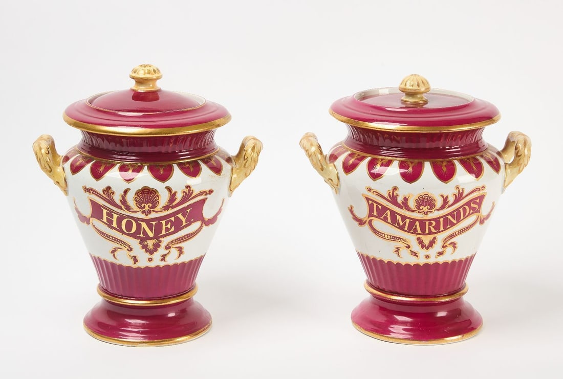 Two Apothecary Jars - Tamarinds and Honey: Two matching apothecary jars - 'Tamarinds' and 'Honey'. Ceramic with original gilt decoration. English, 19th century.H 12-1/2 in. W 11-1/2 in.Provenance: Estate of Jerry Phelps