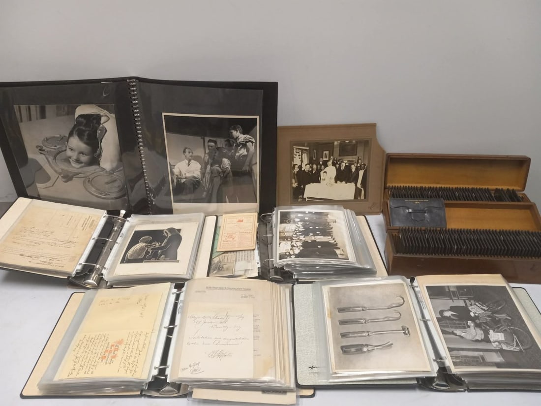 Collection of Medical and Oddity Photographs, Ephemera, Glass Slides: Large collection of medical, dental, post mortem, funerary/mortuary, first aid/red cross, and similar content represented in photographs, postcards and ephemera (letters both printed and
