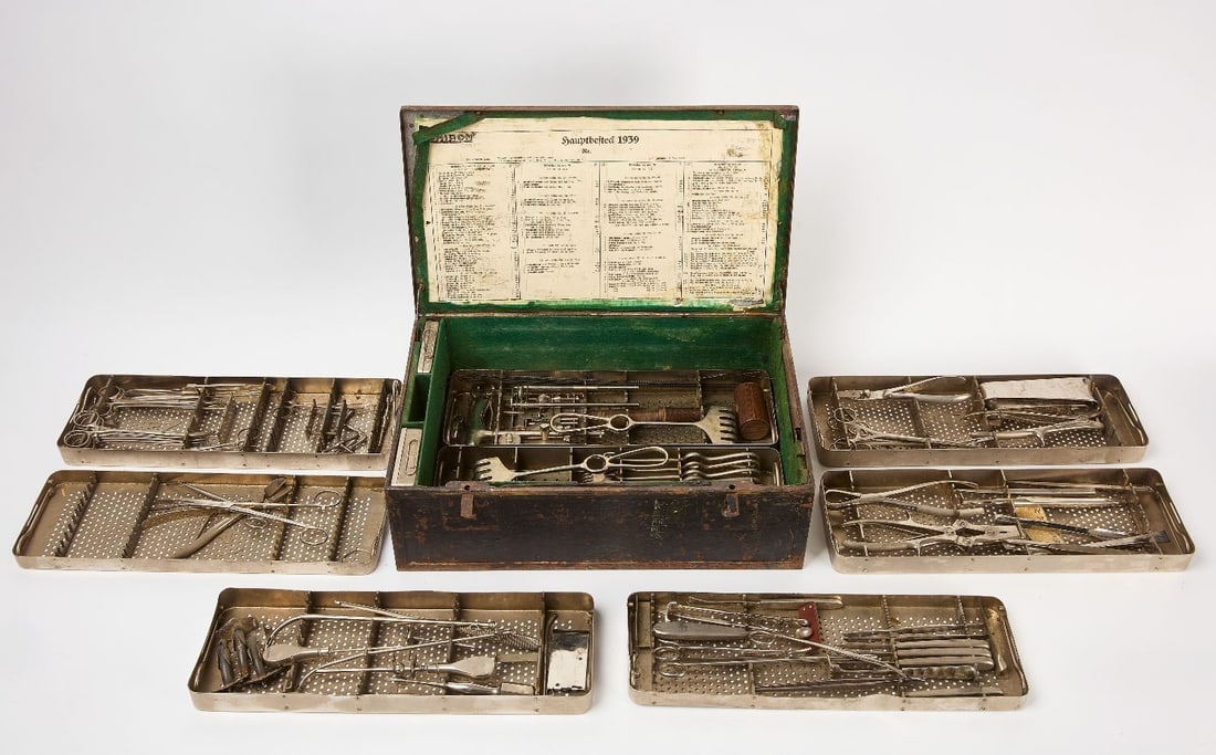 German Surgical Field Kit: German surgical field kit by Chiron Tuttlingen, dated on inner label 1939. Case: H 6-3/4 in. W 20 in. D 12 in.