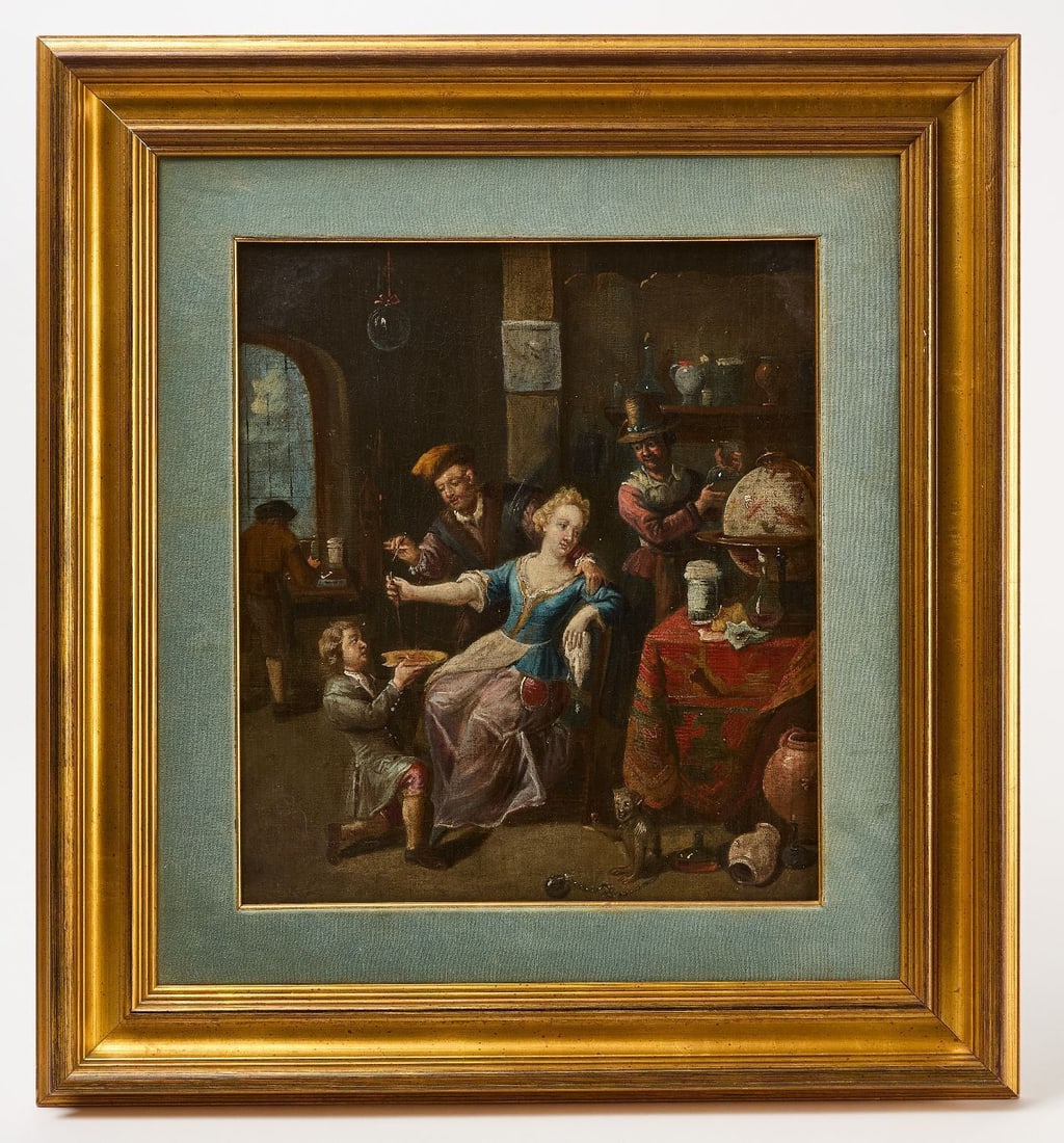 Old Master Flemish Surgical Painting: Old Master Flemish painting depicting a surgical procedure performed on a maiden. Oil on canvas in later frame. Unsigned. Likely Netherlands, circa 1800.Canvas: H 18-5/8 in. W 16 in. Frame: H