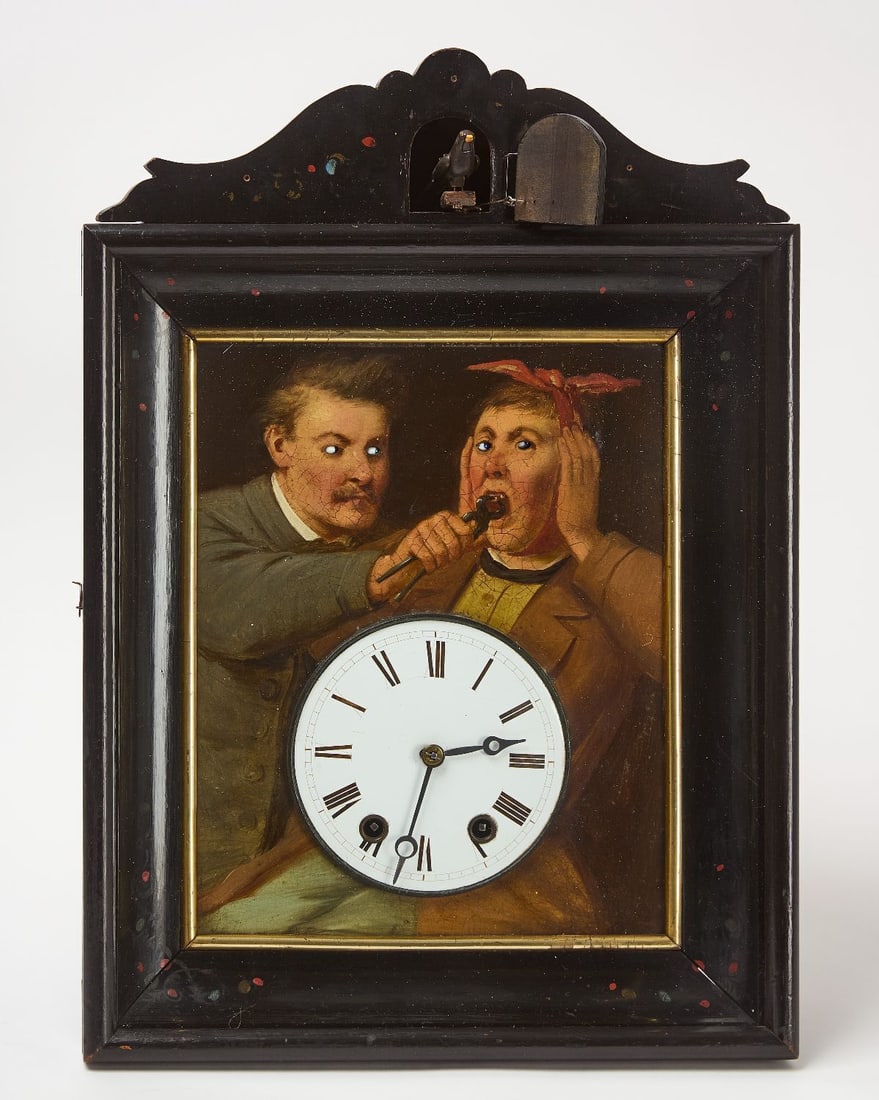 Tooth Extraction Cuckoo Clock: One-day Black Forest cuckoo clock with automaton for painted figures. Characters depict a dentist pulling patients tooth, eyes move side to side with pendulum motion.European, mid 19th
