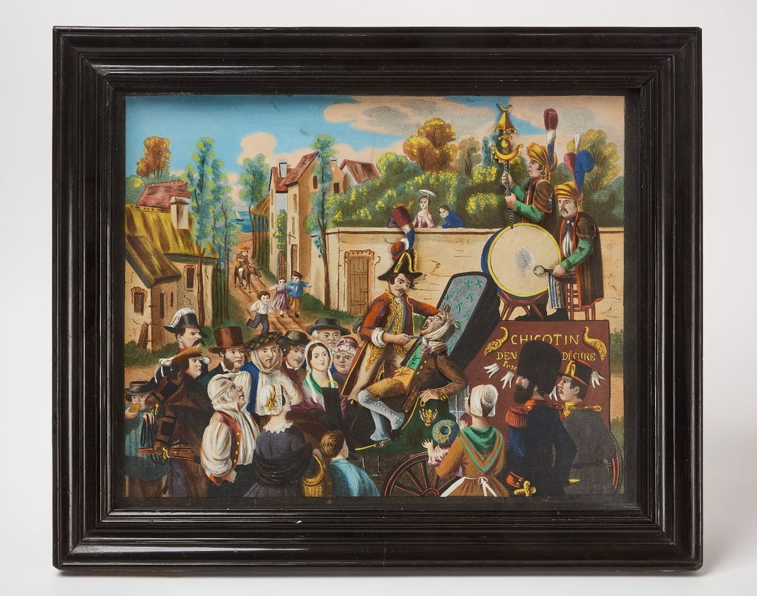 Early Dental Clockwork Automaton: Early clockwork automaton of a dentist performing a public tooth extraction, with onlookers watching. Watercolor on paper with articulated parts. Original wood frame. Paris clockwork mechanism and