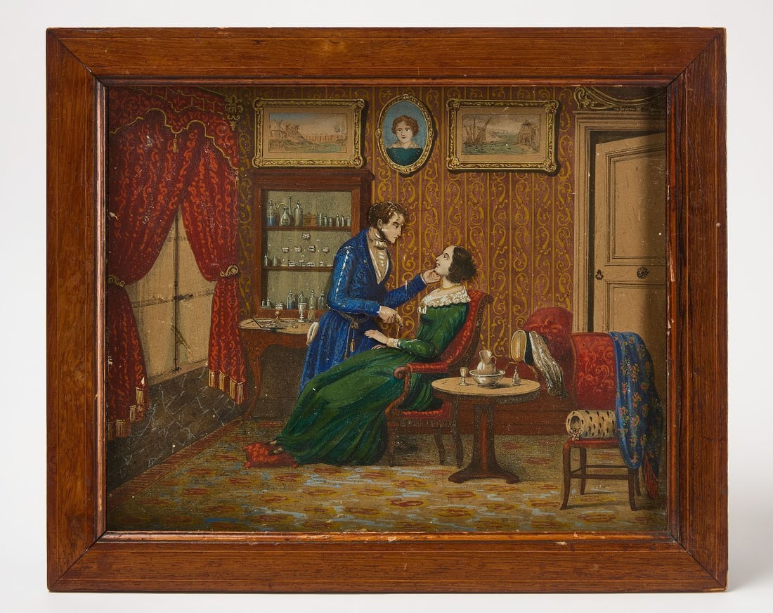 Clockwork Automaton of a Tooth Extraction: Automaton of a domestic dental operation (tooth extraction). Watercolor on paper with articulated arms and heads. Paris clockwork movement and music box within. Original wood frame. France, circa