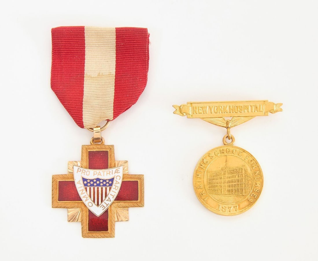 Two 14k Gold Medical Badges: Two 14k gold (acid tested) medical badges. 'Military Order of Surgeons' gold and enamel uniform badge. Together with an 1877 New York Hospital 'Training School for Nurses'