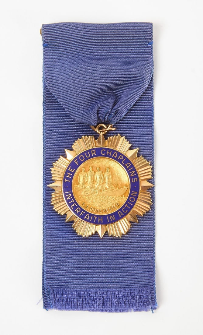 10k Four Chaplains Presentation Medal: 10k gold (stamped) presentation medal 'The Four Chaplains, Interfaith in Action'. Reverse side inscribed 'Presented to Mayor William O'Dwyer as an expression of gratitude for his