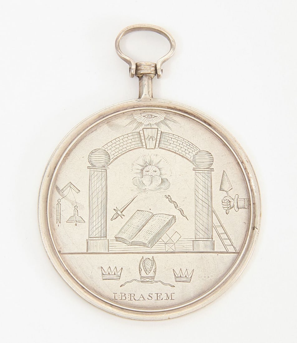 Early Masonic Medallion - 'A Mason in Full Dress': Early Masonic medallion with one side inscribed to resemble 'a Mason in full dress'. The name J. Barnes is visible below. Reverse side with various Masonic symbology such as all-seeing-eye, pa