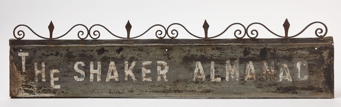 The Shaker Almanac - Trade Sign: The Shaker Almanac trade sign. Original paint on steel with a wrought iron frieze. Late 19th cnetury. H 12 in. L 49 in.