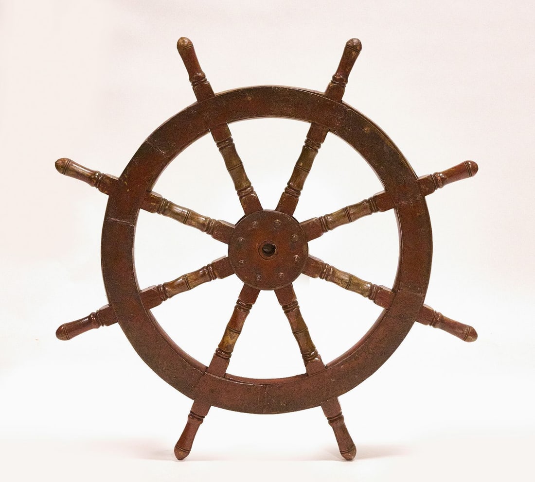 Ship's Wheel: Ship's wheel. Wood with iron or steel bracing. Traces of red paint. American, second half of 20th century. D 41 in.