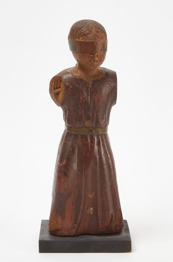 Carved Figure of Lady Justice: Carved figure of Lady Justice. Carved and painted wood. American, late 19th century.H 13-1/8 in.