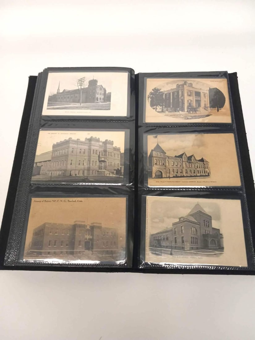 Collection of Postcards relating to US Armories: Collection of postcards, approximately 156 total, relating to US armories. Stored and sold in a protective binder as shown. American, mid 20th century.Binder: H 1-5/8 in. W 13-1/2 in. D 7 in.