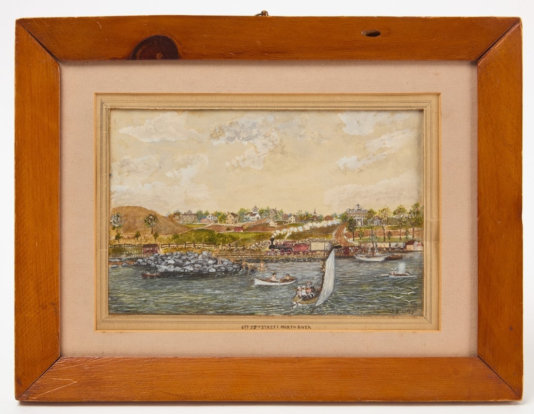 19th Century 3D Watercolor Off 79th Street North River NY: 19th century watercolor scene on the North River, 79th Street (Boat Basin?), NY. Full of activity, there are boats and birds on the river, a steam train in motion, plowed fields, and a village on a