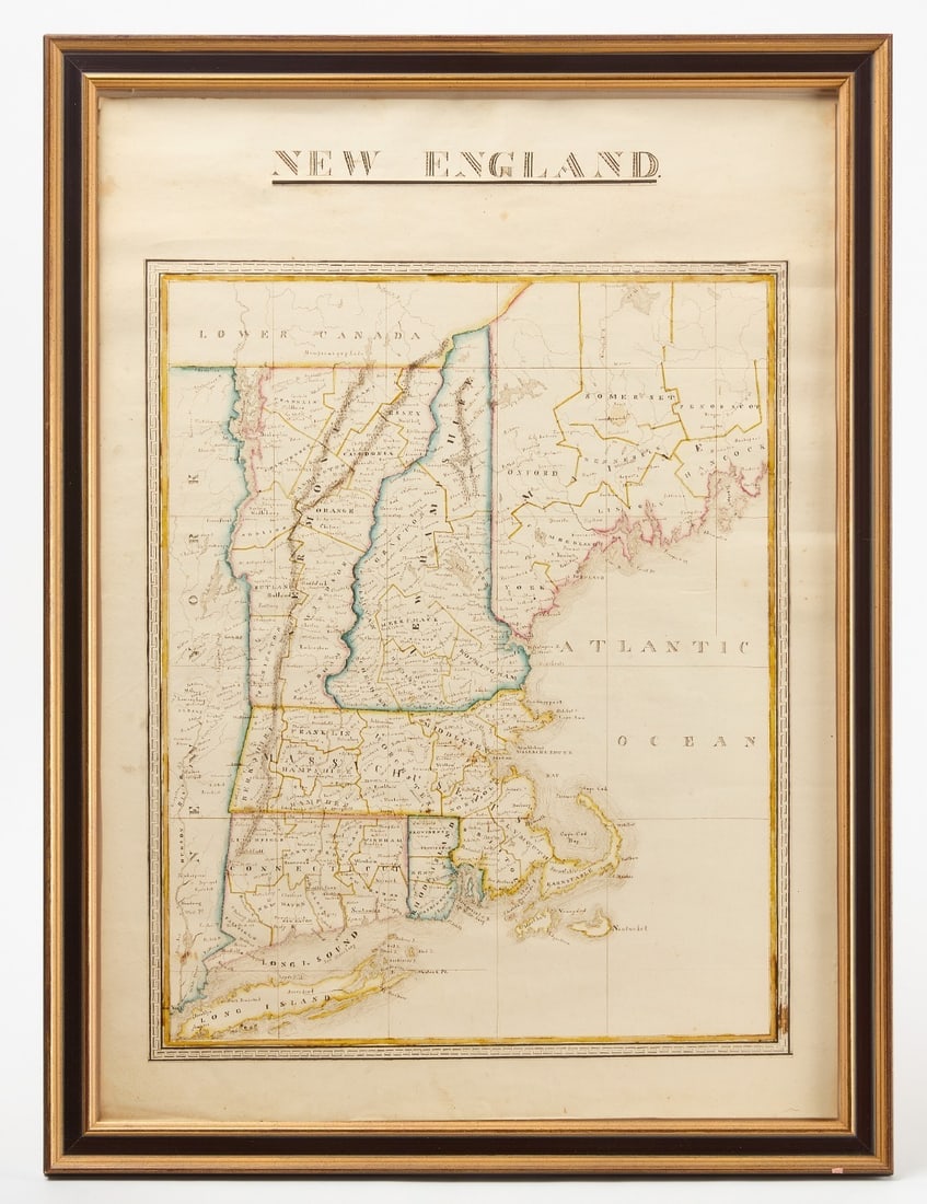 Watercolor Map of New England: Hand drawn early watercolor map of New England. Watercolor on paper. Unsigned. American,early 19th century. Frame: H 28 in. W 21 in. Sight: H 25 in. W 18 in. 