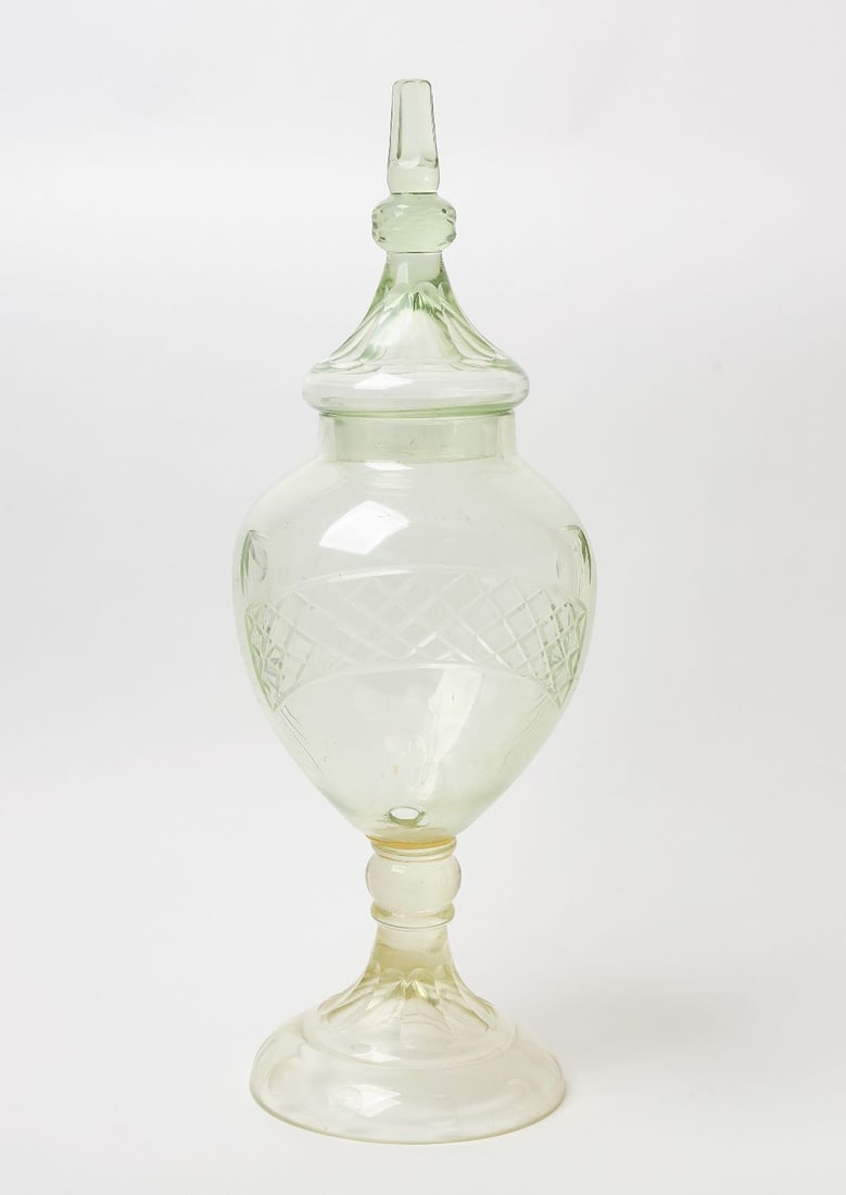 Large Apothecary Jar: Large apothecary jar. Etched glass. American, circa 1880. H 30-1/2 in.