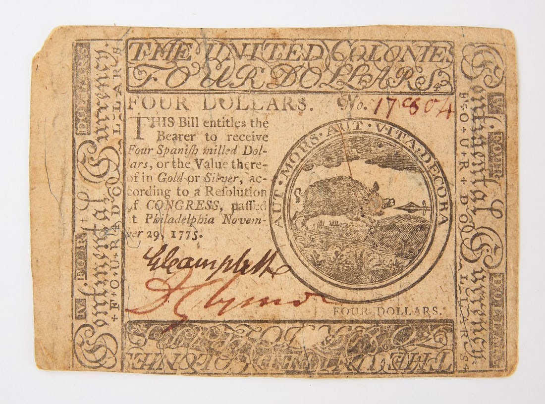 1775 Philadelphia Colonial Currency with Clymer and Campbell Signatures: Four Dollars. Printed by Hall & Sellers in Philadelphia. 1775. The United Colonies Four Dollars No. 17804. With wild boar and spear woodcut seal. Latin text translates "Either Death or a