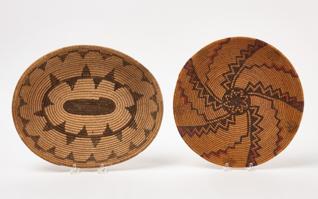 Two Native Coiled Baskets: Two Native coiled baskets.Oval: 12-1/4 in. W 10-1/4 in. Round: D 10-1/4 in. 
