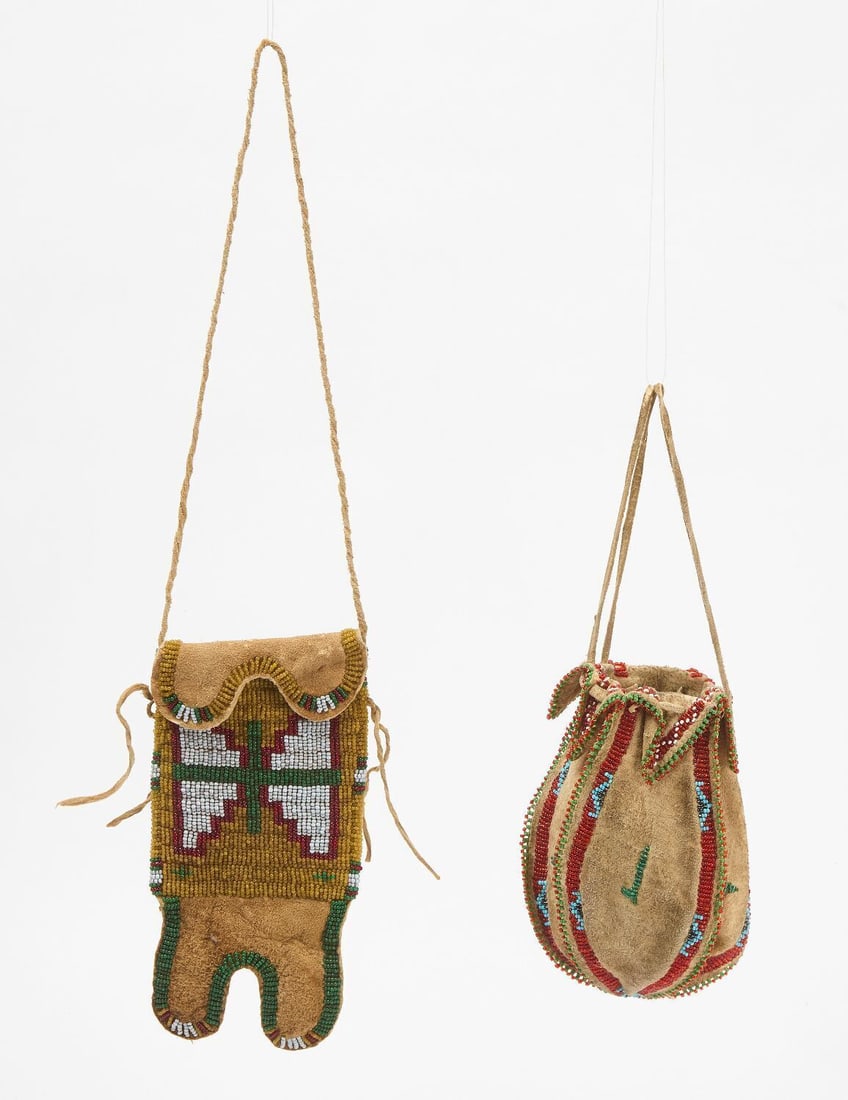 Two Native Beaded Bags: Two Native beaded bags. Plains region. Beadwork on hide. Sinew sewn, circa 1900.