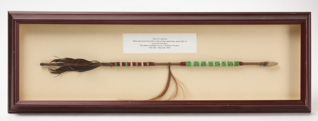 Arrow with Beadwork: Arrow with beadwork on trade cloth. Display case included.L 24-1/2 in. Case: L 31-1/4 in. W 10-1/2 in.