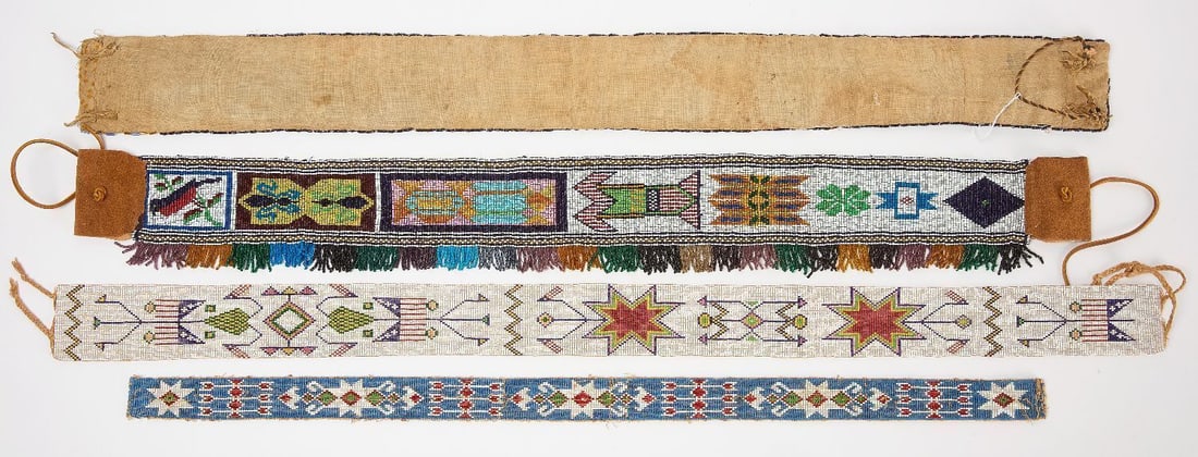 Four Beadwork Belts - One with Flags: Four beadwork belts. One with American flag motifs. Glass beads on fabric. Circa 1900.Flags: L 37 in. W 2-1/4 in.Green border: L 34-3/4 in. W 3 in.Robin and flag: L 30 in. W 3 in.Blue: L 3-0 in. W 1