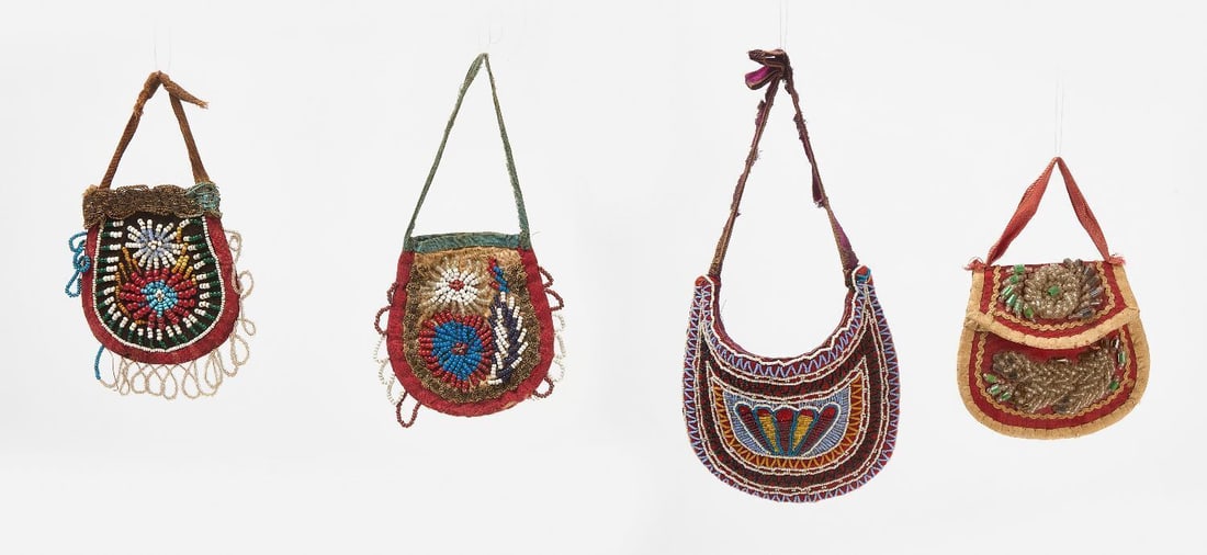 Four Great Lakes Beaded Bags: Four Great Lakes beaded bags. Beadowrk on fabric, circa 1900.1) H 5 in. W 6 in.2-4) H 4 in. W 4 in.