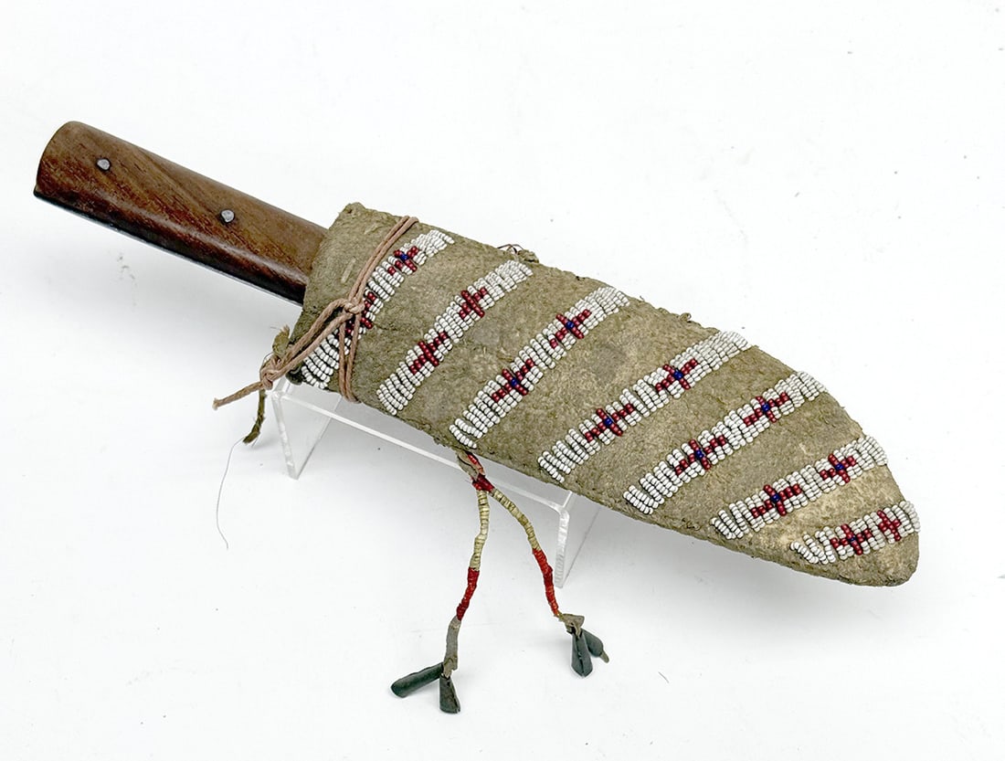 Native Knife Sheath: Native knife sheath with beadwork and quill on reverse. Late 19th century.