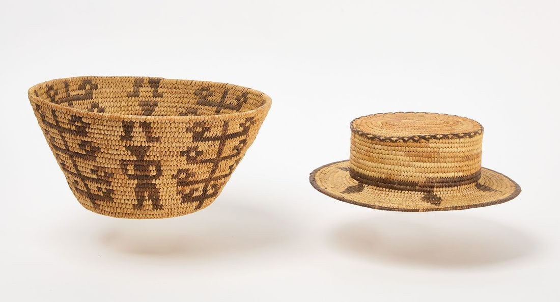 Papago Effigy Basket and Hat: Papago basket with human effigy and corn stalk designs. Full-body male figures with cut-off legs above each at the rim. 'Coyote track' designs on each corn stalk. Together with a coiled hat. A