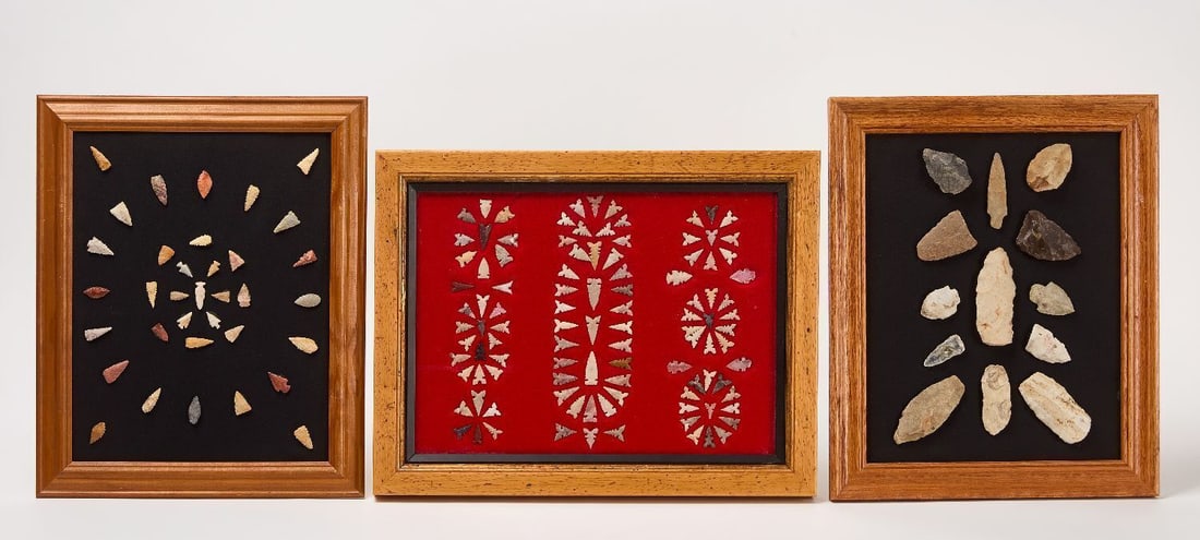 Three Groups of Native Framed Points: Three groups of early Native framed points.Frames: H 14-1/2 in. W 13-1/2 in., H 16-1/2 in. W 13-1/2 in., H 18-3/4 in. W 14-1/4 In.