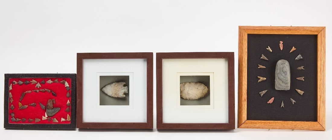 Group of Native Stone Points and Implements: Group of early Native stone points and implements.Frames: (2) 8-1/2 in x 8-1/2 in., 6-1/2 in. x 8-1/4 in., 11-1/4 in. x 9-1/4 in.