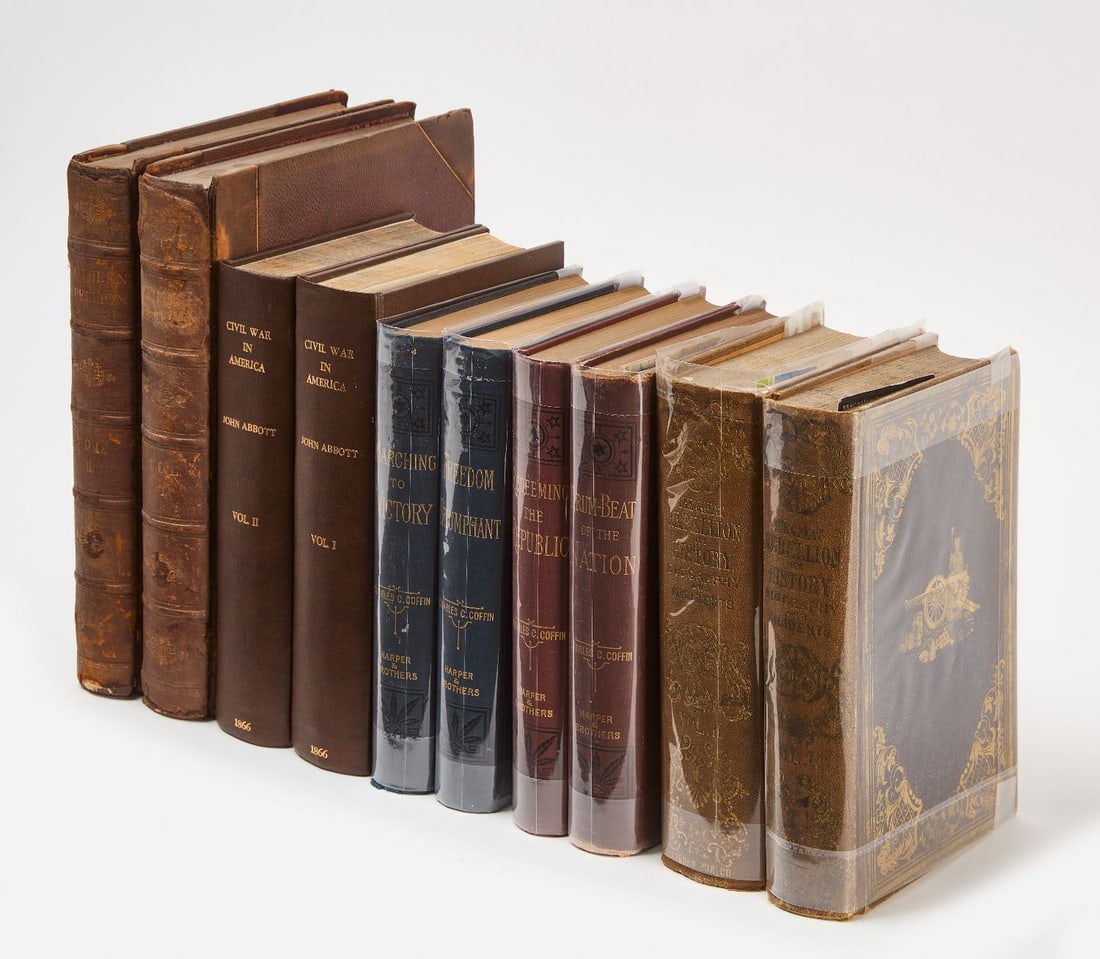 Civil War History Book Lot Four Fine Sets 10 Volumes: Four important Civil War history sets to include: 1. Crafts, W.A. The Southern Rebellion, being a History of the United States...Boston. Walker & Co. 1867. 2 vols. 3/4 leather with pebble cloth bo