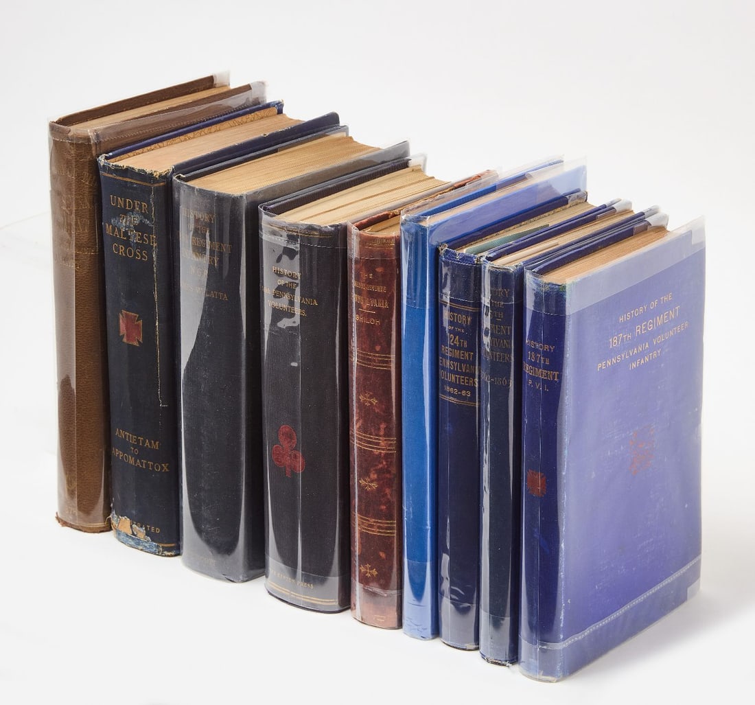 Civil War Regimental History Books For Pennsylvania: Nine books of regimental histories for Pennsylvania volunteers. To include: 1. Price, Isaiah. History of the Ninety-Seventh Regiment..1861-1865...Philadelphia.1875. Brownish pebbled cloth with
