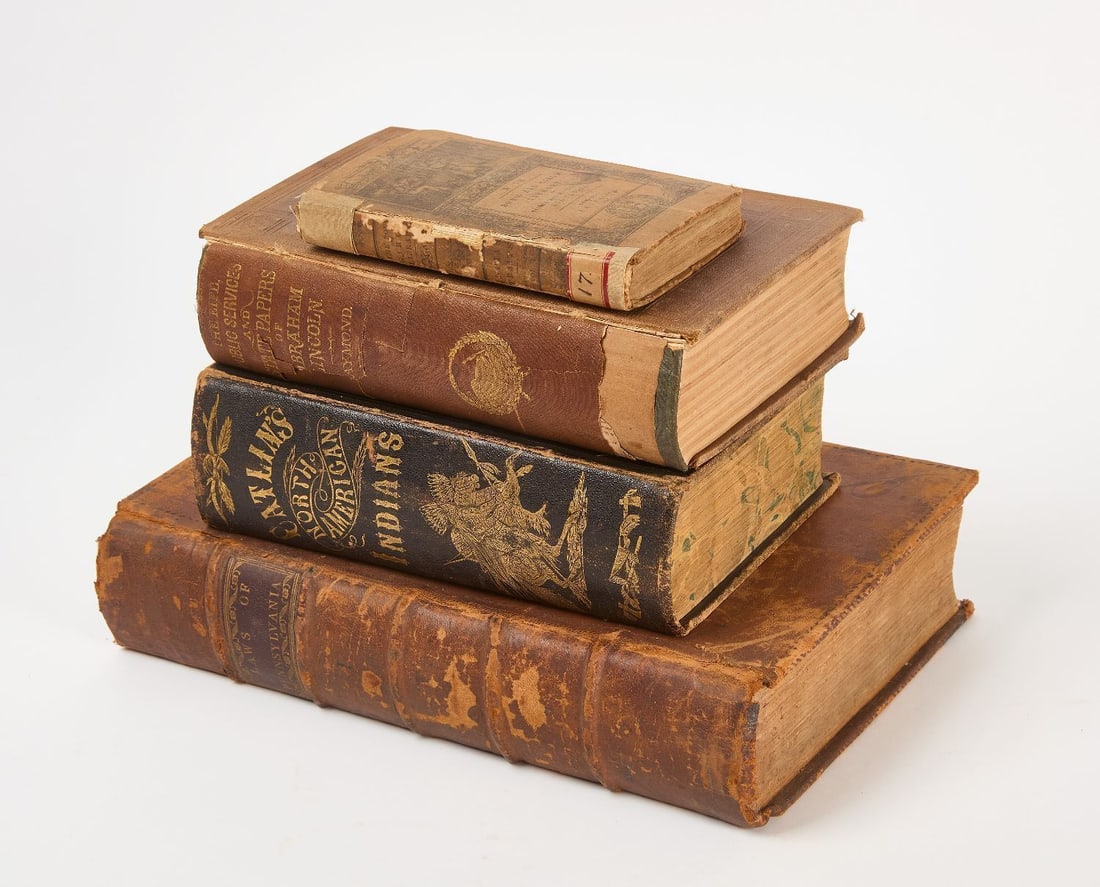 Four Antique American Historical Works with Lincoln Biography and Indigenous Studies: Group of four antique American historical works including: 'Laws of Pennsylvania' compiled by Alexander James Dallas, Vol. 1 (Pennsylvania, 1797); 'The Life, Public Service and State