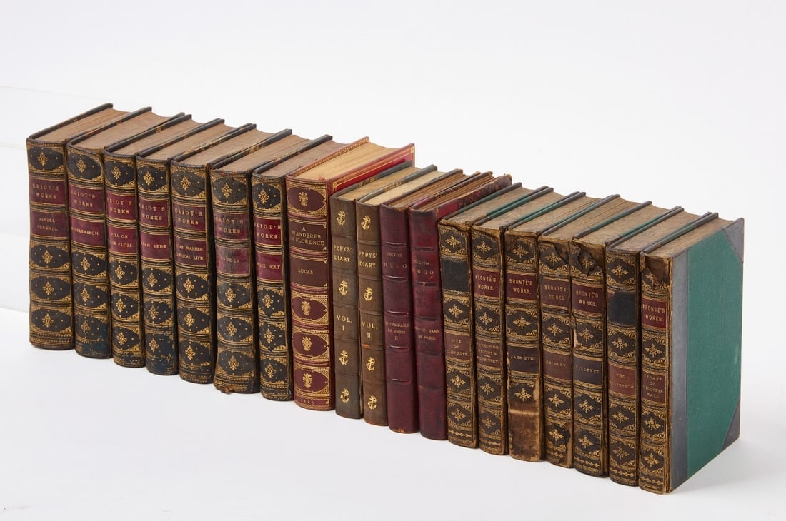 Fine Bindings Bronte Eliot Hugo Pepys Lucas 19 Volumes: 19 volumes of works by Bronte, Eliot, Hugo, Pepys, and Lucas. The Bronte set consists of seven volumes published in London by Smith, Elder, & Co. 1887-8. 5 volumes by Charlotte Bronte,