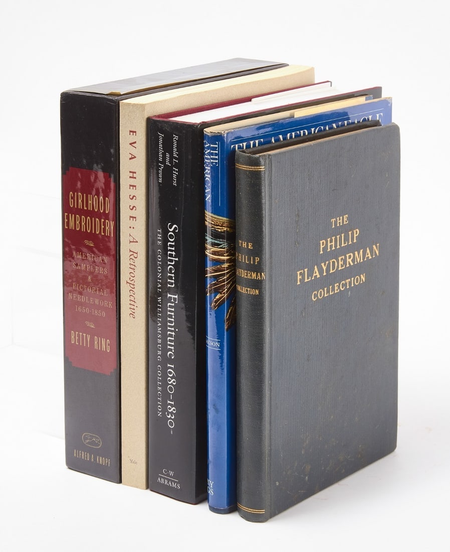 Excellent Book Grouping - American Decorative Arts: A fine lot of 5 reference books for American furniture and decorative arts. To include: 1930 Catalog of the Philip Flayderman Collection of Colonial furniture and silver. Library binding. An earl