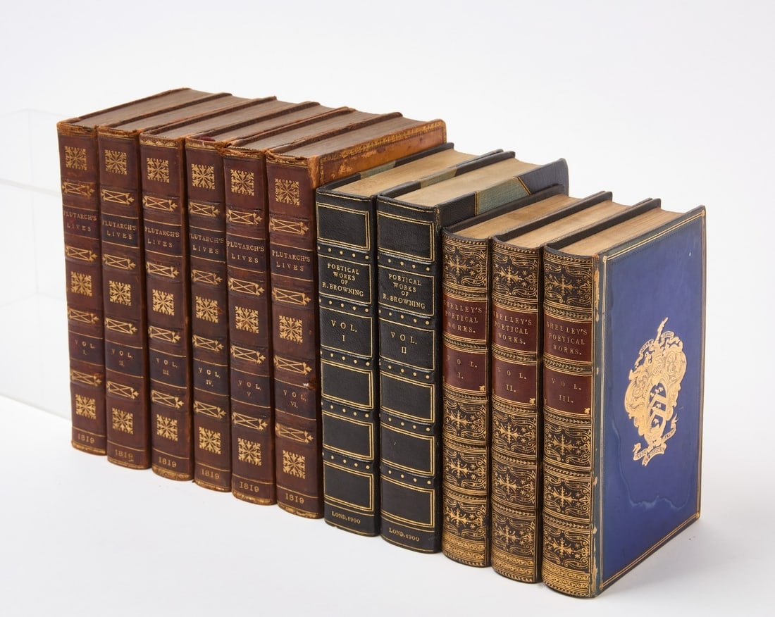 Fine Bindings London Printings 1819-1900: Three sets of fine bindings. To include: Plutarch's Lives In Six Volumes. The Third Edition (Wrangham). London: 1819. Full leather bindings with gilt borders and spines. Professionally rebacked. S
