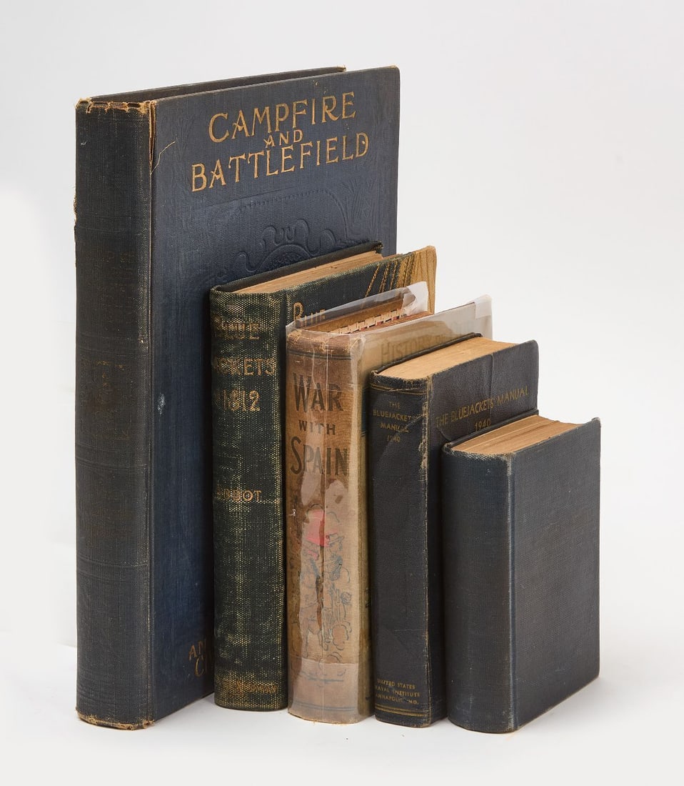 Group of Spanish-American War and Naval History Literature: Group of Spanish-American War and Naval History Literature, includes: 'History of the War with Spain' by Hon. James Rankin Young, with owner inscription dated 1895 and engravings; 'The Blu