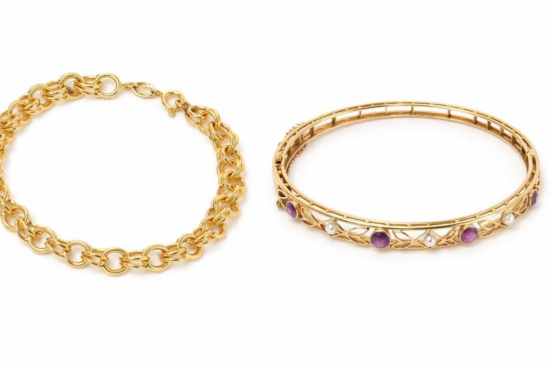 18k Chain Link Bracelet and 14k Bracelet with Amethyst and Opal (1 of 4)