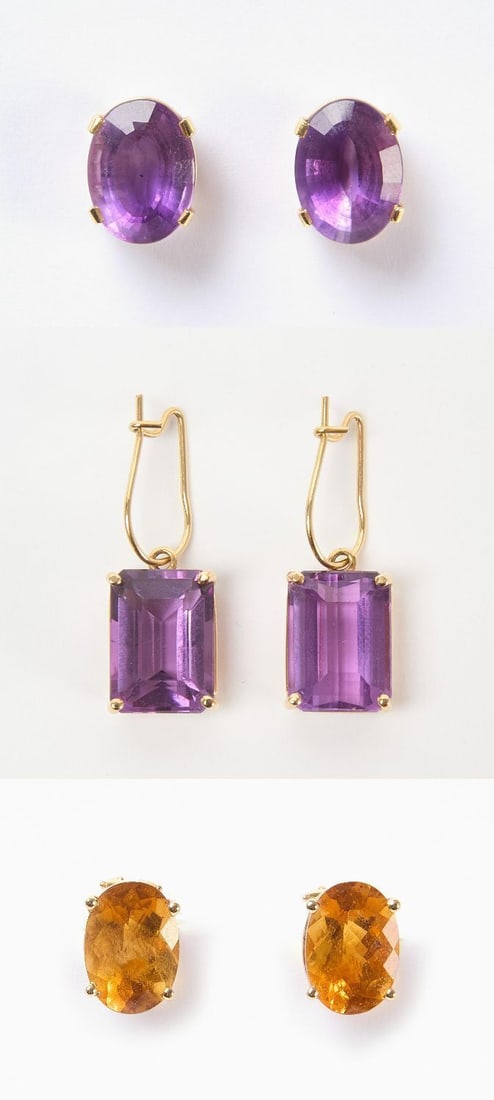 Three Pairs of 14k Earrings: Pair of 14k (stamped) gold earrings with prong-set amethyst. Total Weight: 4.2 dwt. Pair of 14k gold (acid tested) earrings with prong-set, faceted amethyst stones. Total Weight: 3.9 dwt. Pair of 14k