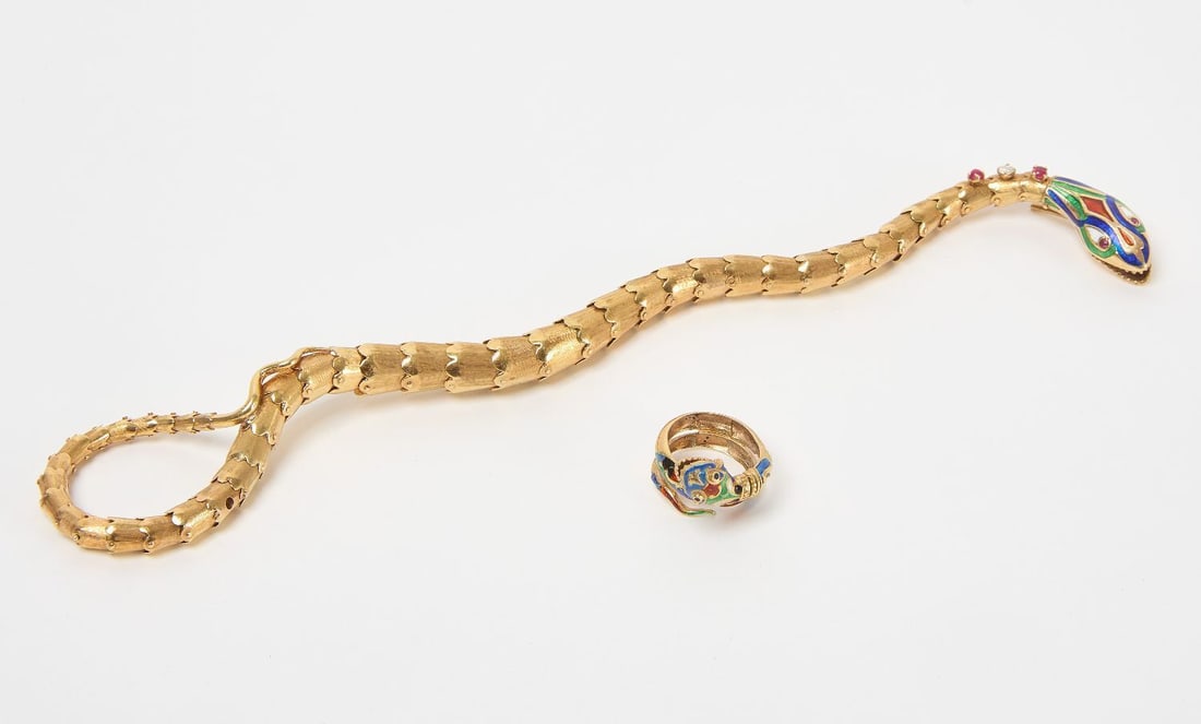 14k Gold and Enamel Snake Bracelet and Ring: 14K - 16 K gold and enamel articulated snake bracelet and ring. Acid tested. 31 dwt. total. Circa 1950. Ring size 6-1/2.