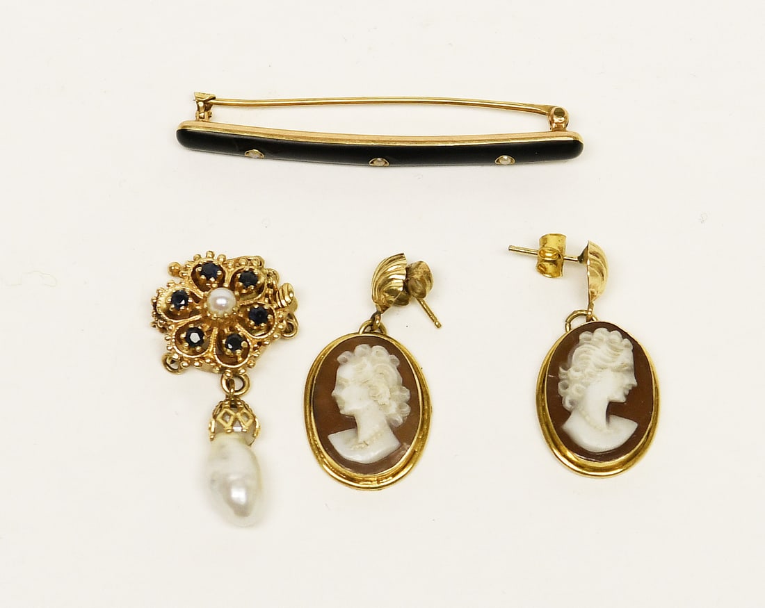 Group of Antique 14k Gold Jewelry including Cameo Earrings: Group of antique 14k gold jewelry. Includes an enameled pin with 3 inlaid seed pearls, a pendant with sapphires and dangling natural pearl, and a pair of cameo earrings. Pin is stamped, others