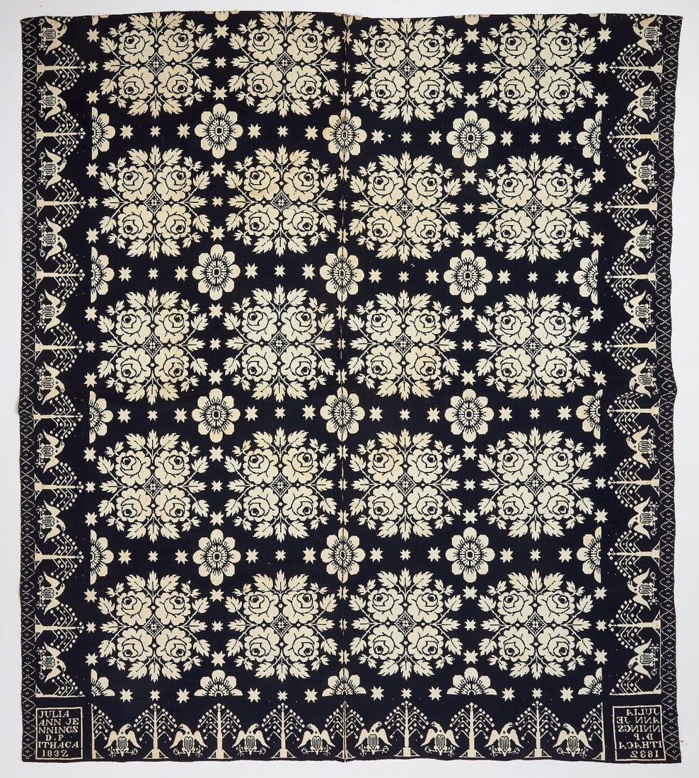 Ithaca New York Blue and White Coverlet, 1832: Ithaca New York blue and white coverlet dated 1832. Wrought by Julia Ann Jennings. Patriotic and floral motifs. L 89 in. W 78 in. 