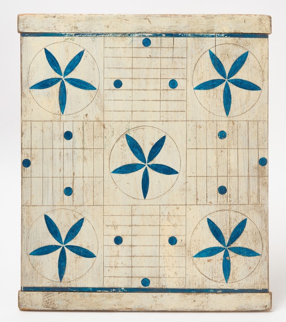 Blue and White Game Board: Game board with white ground and blue accents. Breadboard ends. American, early 20th century. L 20-3/4 in. W 17-1/4 in.