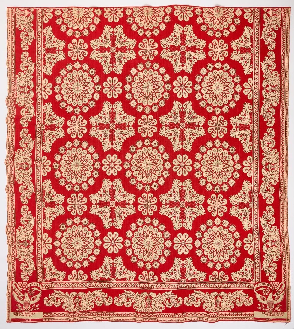 Ostego County New York Red and White Coverlet: Red and white coverlet with patriotic and various medallion motifs. 'L. M. Armstrong. Otsego Co. NY. 1850'. L 88 in. W 78-1/2 in. 