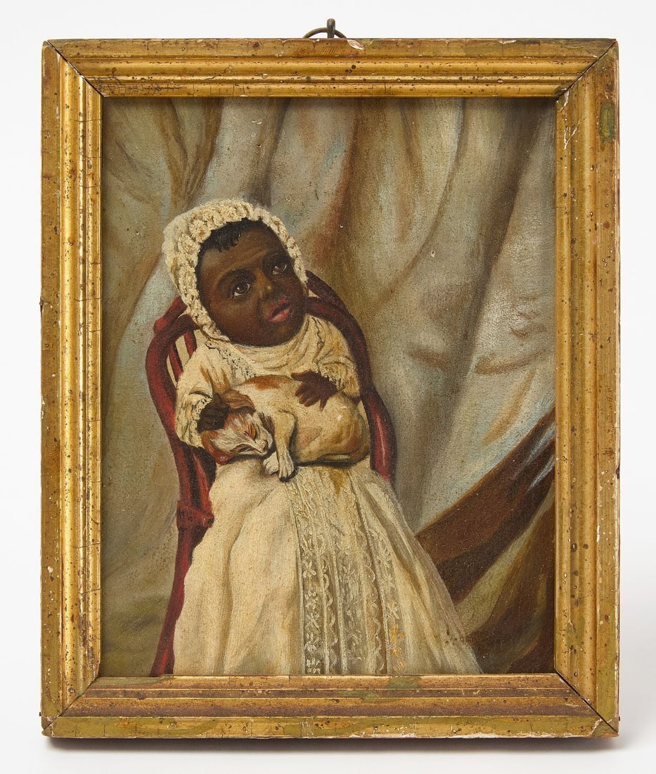 Portrait of an Afro-American Child with Puppy: Portrait of an Afro American child with puppy. Oil on wood panel. Period gold leaf frame. American, circa 1865.Frame: H 9-3/4 in. W 8 in. Panel: H 8-3/4 in W7 in.