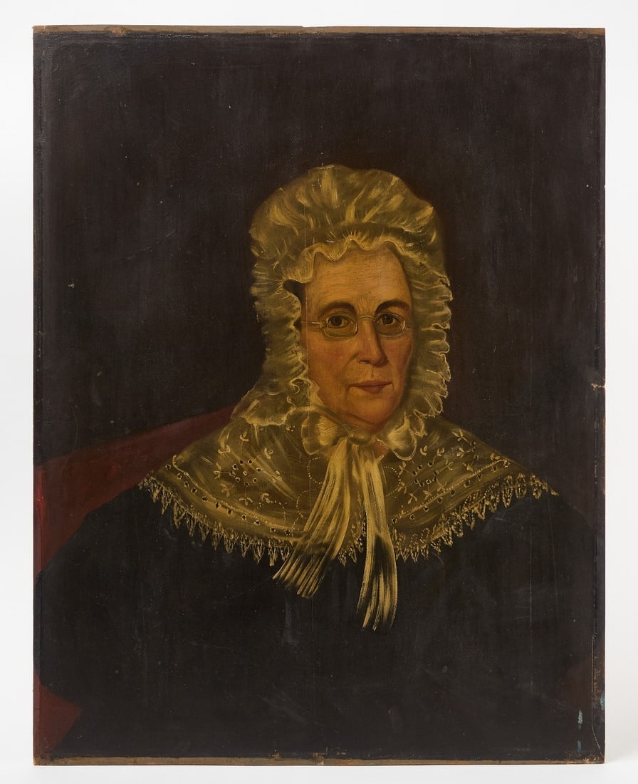 Portrait of a Woman, dated 1834: Portrait of a woman wearing glasses and a bonnet. Oil on wood board. Signed and dated 1834 on reverse.H 29-7/8 in. W 23-3/8 in.