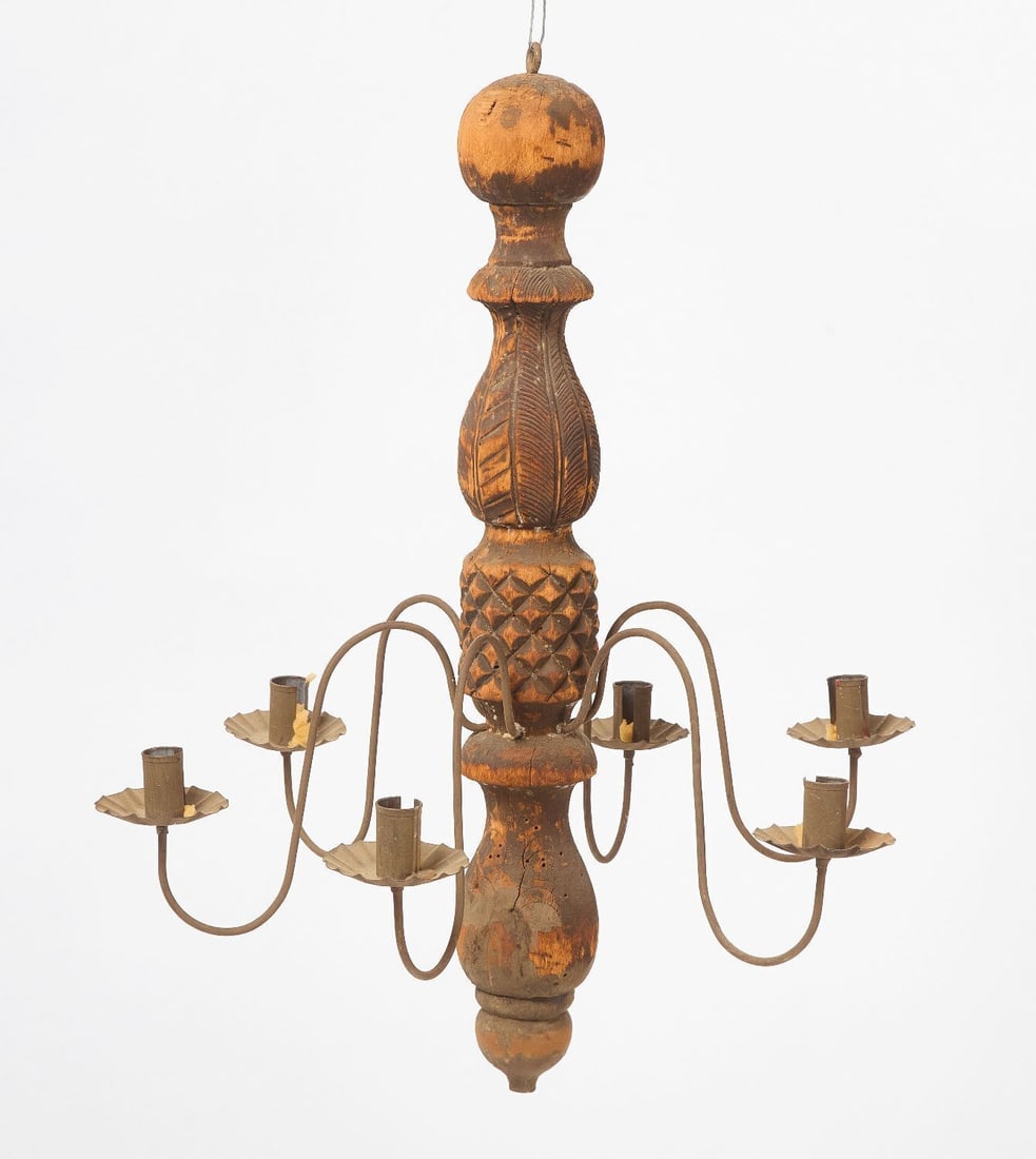 Candle Chandelier: Candle chandelier with tin arms and candle cups. Turned and carved central shaft with worn old paint. New England, 19th century.H 22 in. D 18 in.