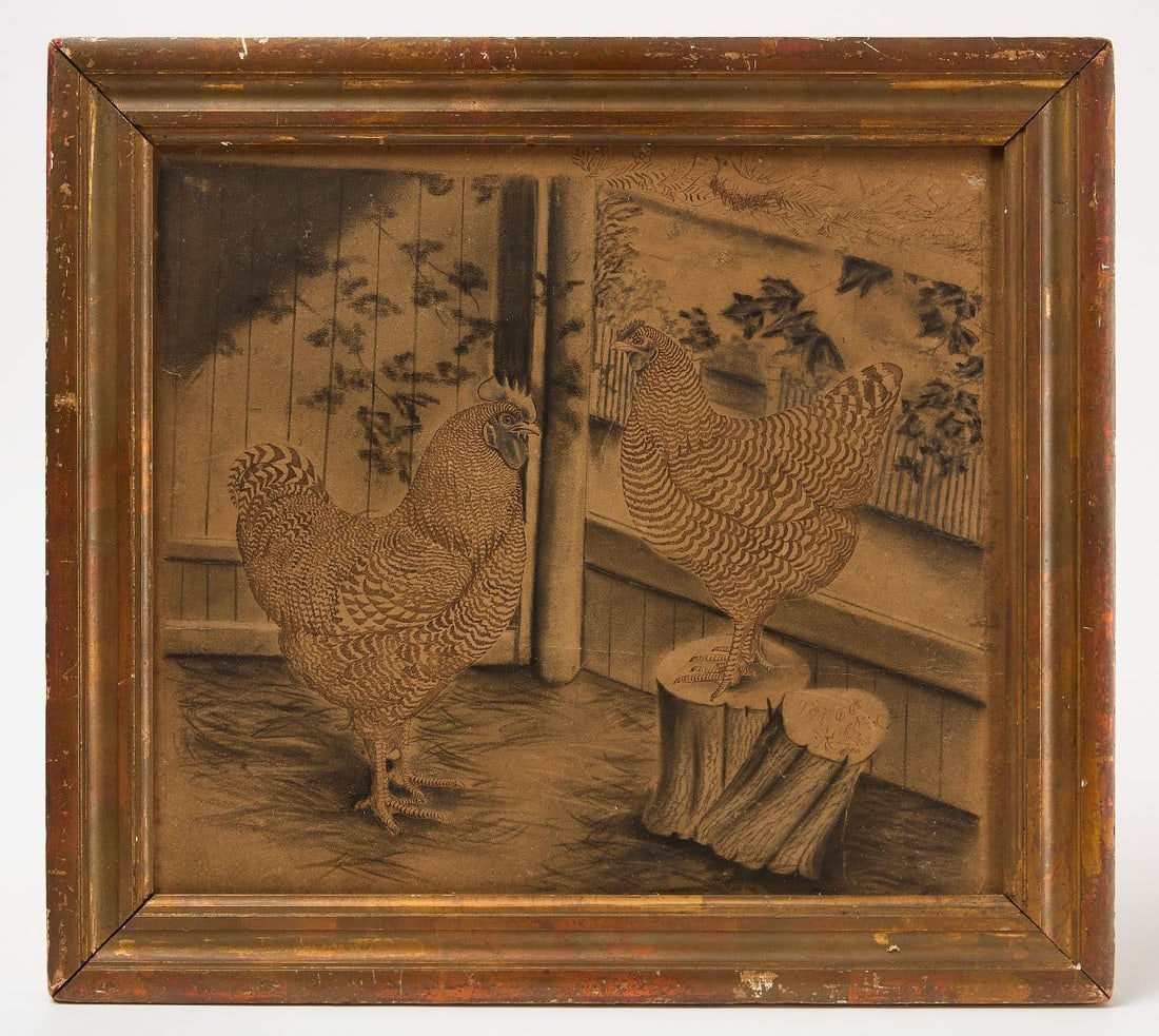 Early Drawing of Chicken and Rooster: Early folk art drawing of a chicken and a rooster. Graphite and watercolor on paper. Signed on LR stump with 'spencerian' bird and date. Period frame. American, circa 1860.Frame: H