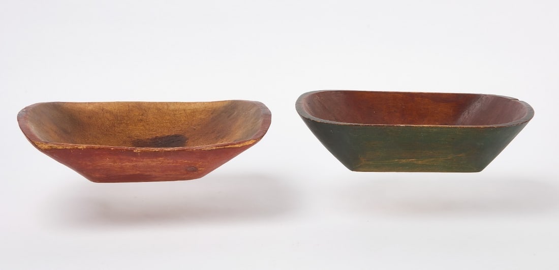 Two Small Painted Trenchers: Two small painted trenchers. Original red and green paint. American, mid 19th century.Green: H 3 in. L 12-1/4 in W 7-3/8 in.Red: H 3-1/4 in. L 12-7/8 in. W 8-3/4 in. 