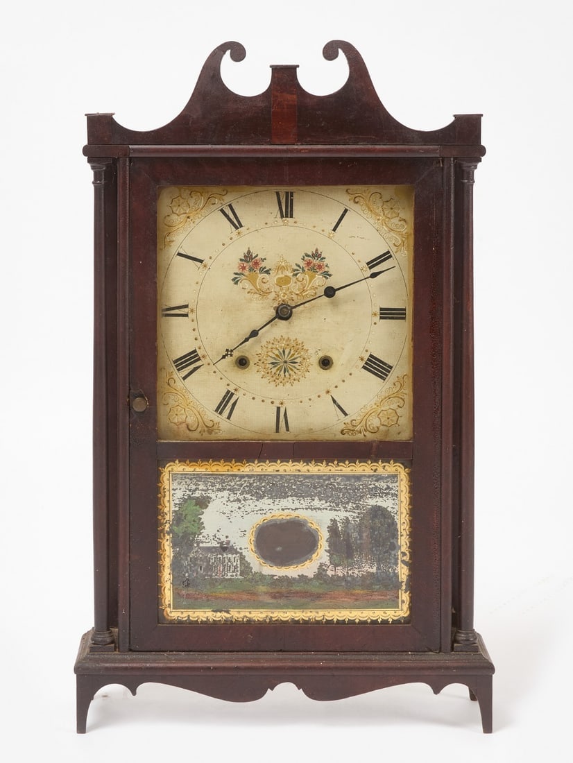 Eli Terry Pillar and Scroll Clock: Eli Terry pillar and scroll clock. Connecticut, early 19th century,H 29 in. W 17-3/8 in. D 4-1/2 in.