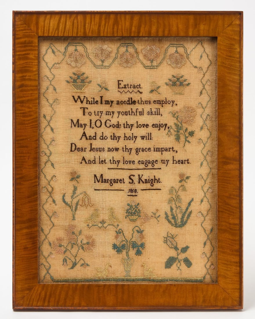 Philadelphia Quaker Sampler - Margaret S. Knight, 1818: Quaker needlework sampler wrought by Margaret S. Knight, dated 1818. Margaret Shreve Knight, born in Philadelphia 5/31/1809, died in Philadelphia 1/24/1877, daughter of Abel James Knight (b. 8/24/1783