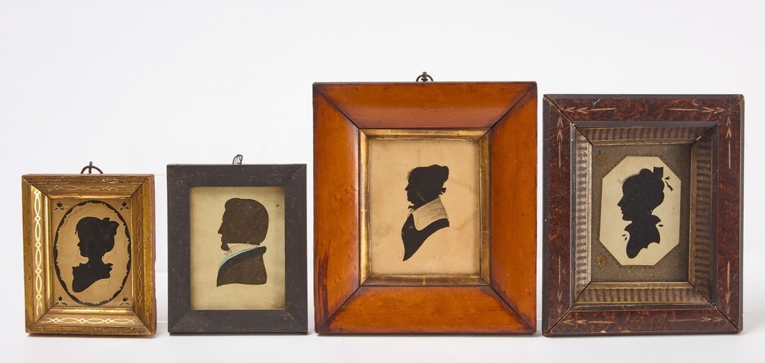 Four Early Silhouettes: Four early silhouette portraits. Three are American, one English (older lady)Frame: H 8 in. W 7-1/8 in. H 7 1/4 in. W 7-3/4 in. H 5-1/2 in W 4-1/2 in.H 5 -1/4 in W 4-1/4 in.