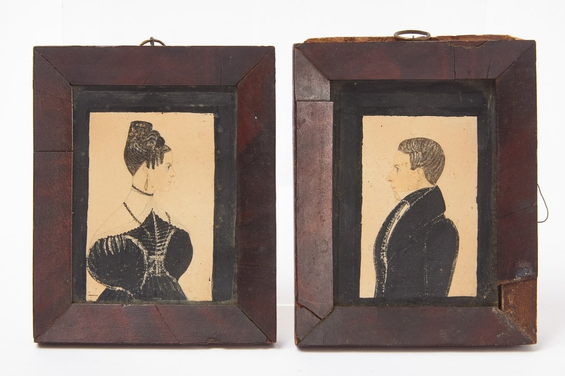 Justus Dalee- Pair of Miniature Portraits: Pair of miniature portraits. Attributed to Justus DaLee. Watercolor and graphite on paper. Original frames. New York State, circa 1830.Frame: H 4-7/8 in. W 4 in.Portrait: H 3 in. W 2-1/8 in.